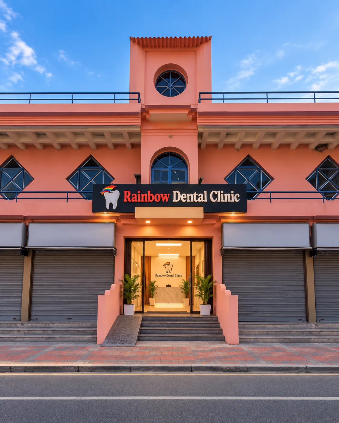 The Bhaskar Nagar clinic building with the Rainbow Dental Clinic sign at Rainbow Dental Multispeciality Clinic, Kakinada.