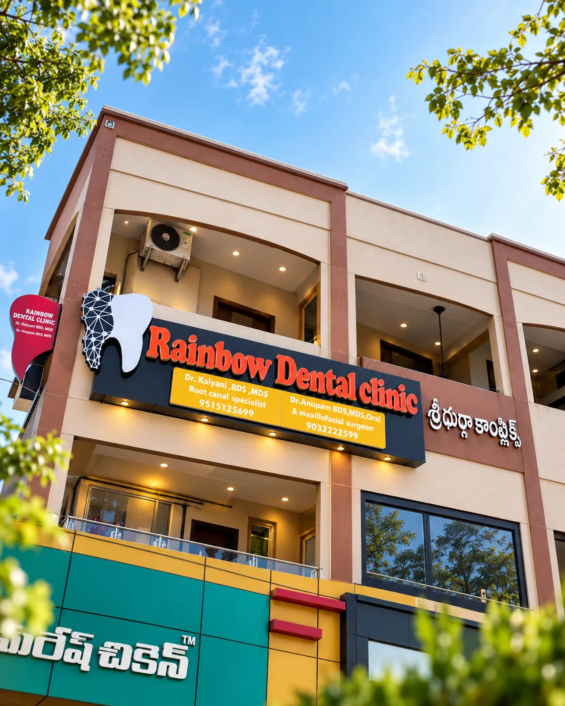 The Karnam Gari Junction clinic building with the Rainbow Dental Clinic sign at Rainbow Dental Multispeciality Clinic, Kakinada.
