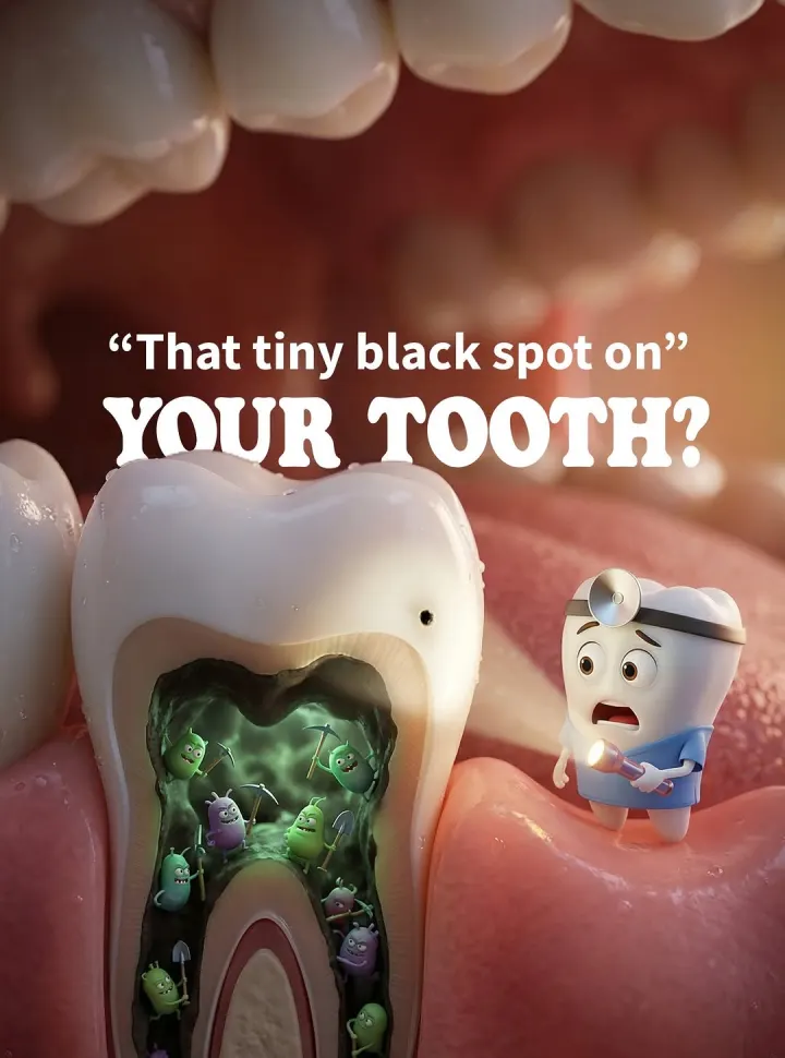 Illustration of a tooth with a small black spot and germs causing decay inside