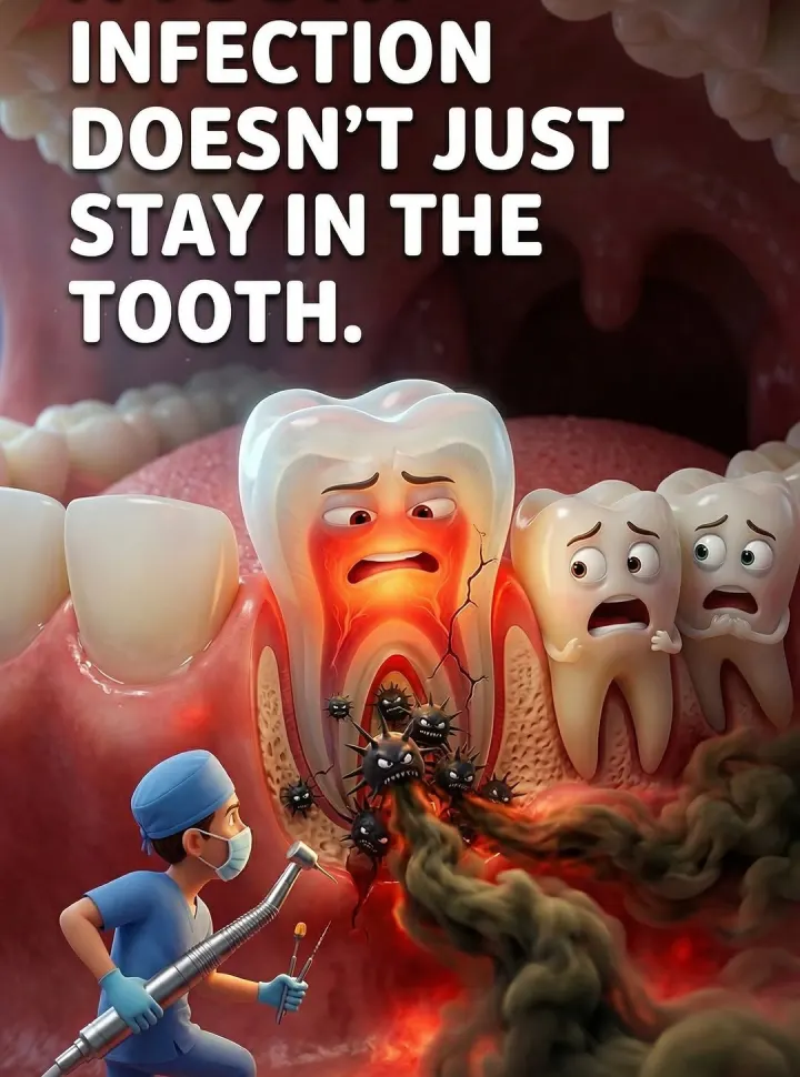 Illustration of an infected tooth spreading germs to the teeth beside it