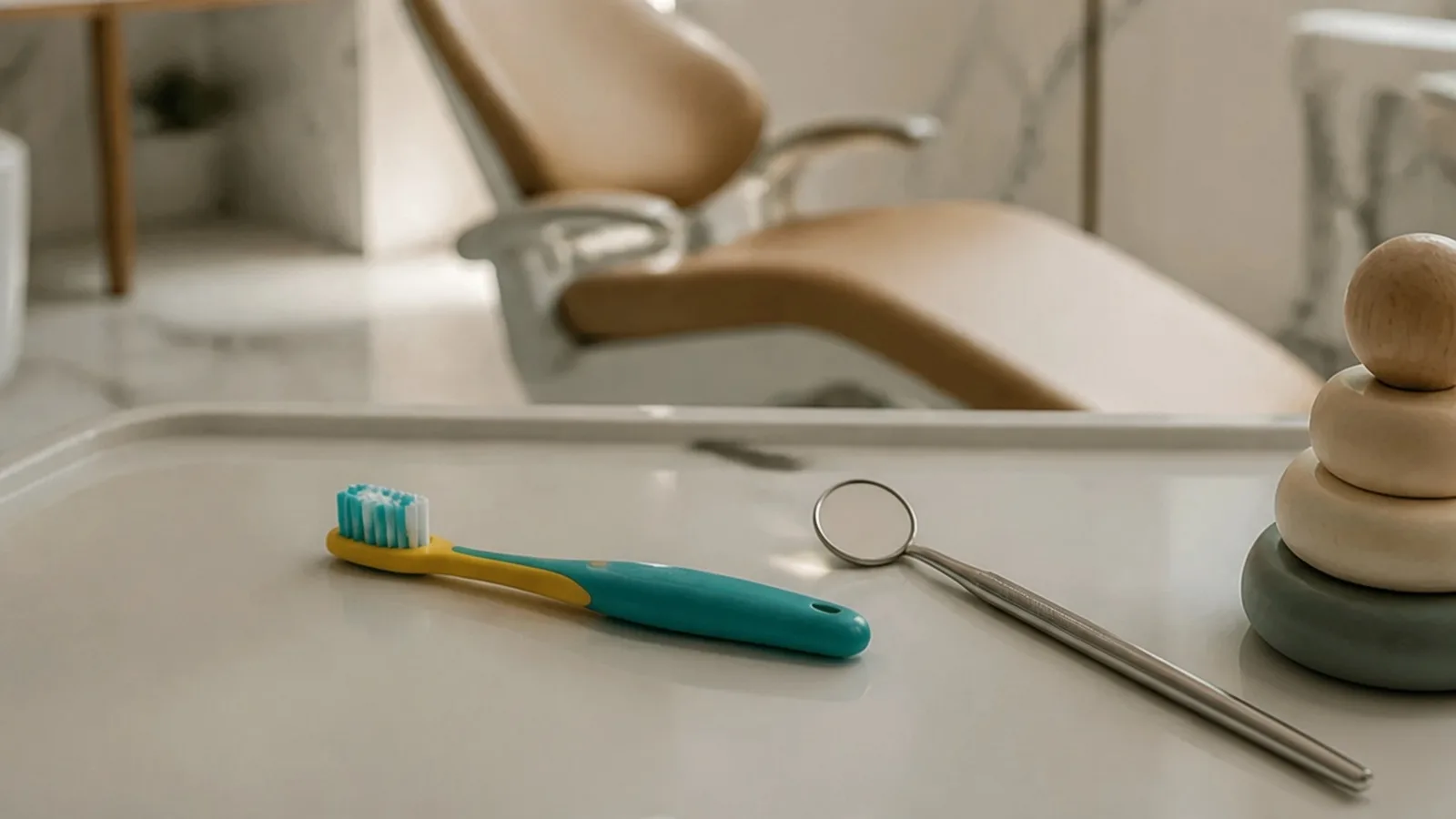 A children's toothbrush and a dental mirror on a tray in a treatment room.