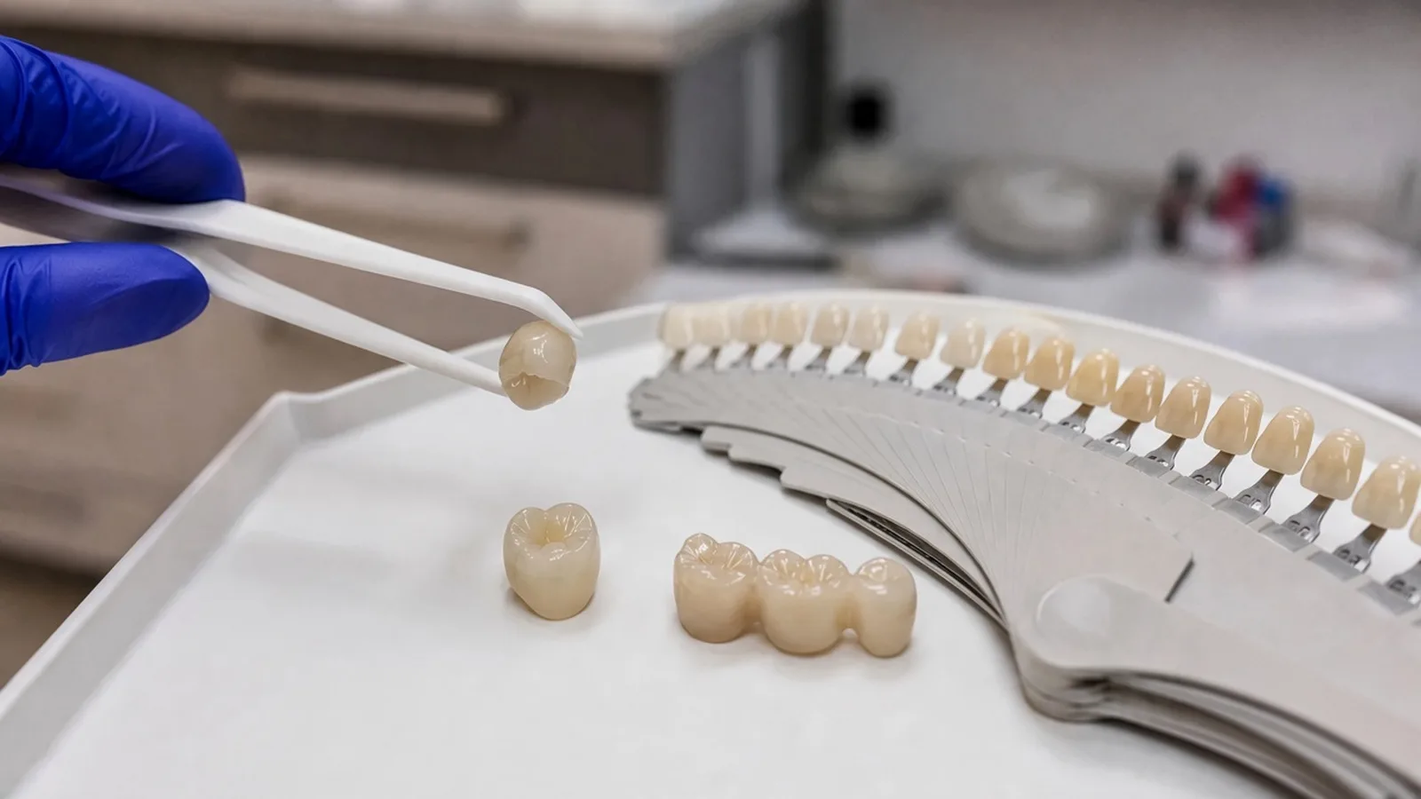 A ceramic crown held in tweezers beside a shade guide.