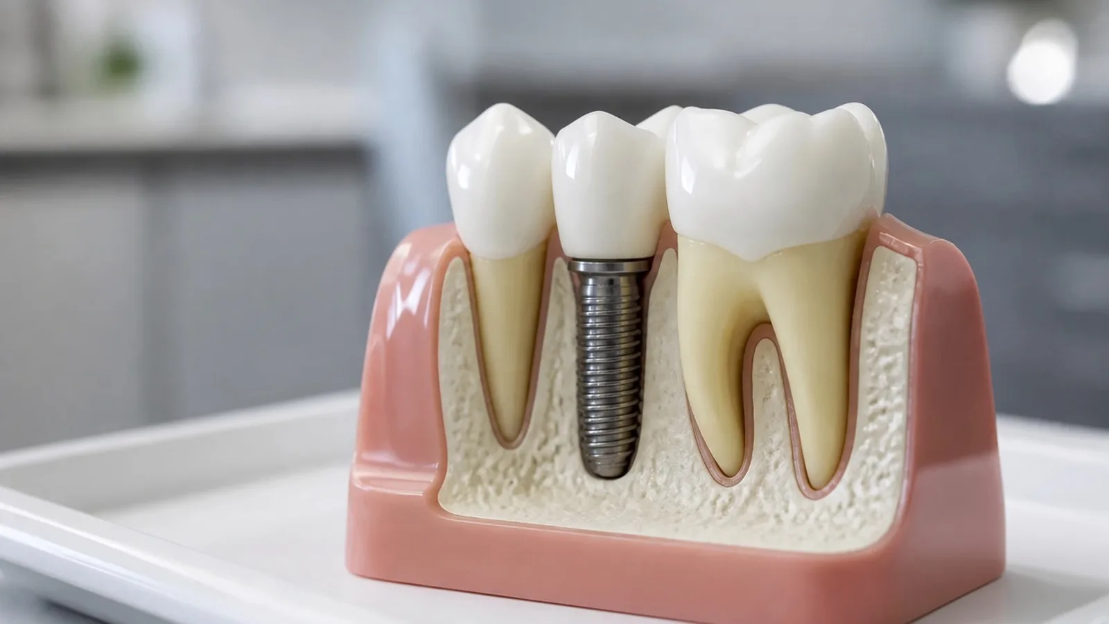 A model showing a dental implant screw and crown in the jaw.