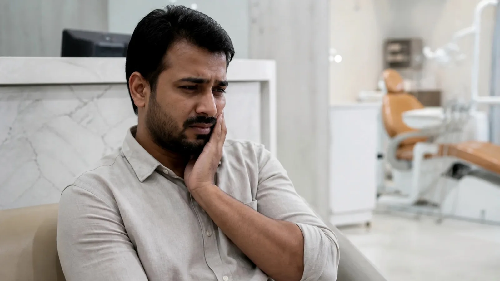 A person holding his cheek while waiting to be seen for toothache.