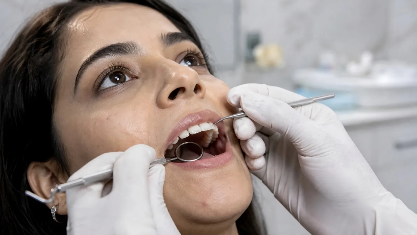 A dentist examining teeth with a mirror and a probe.