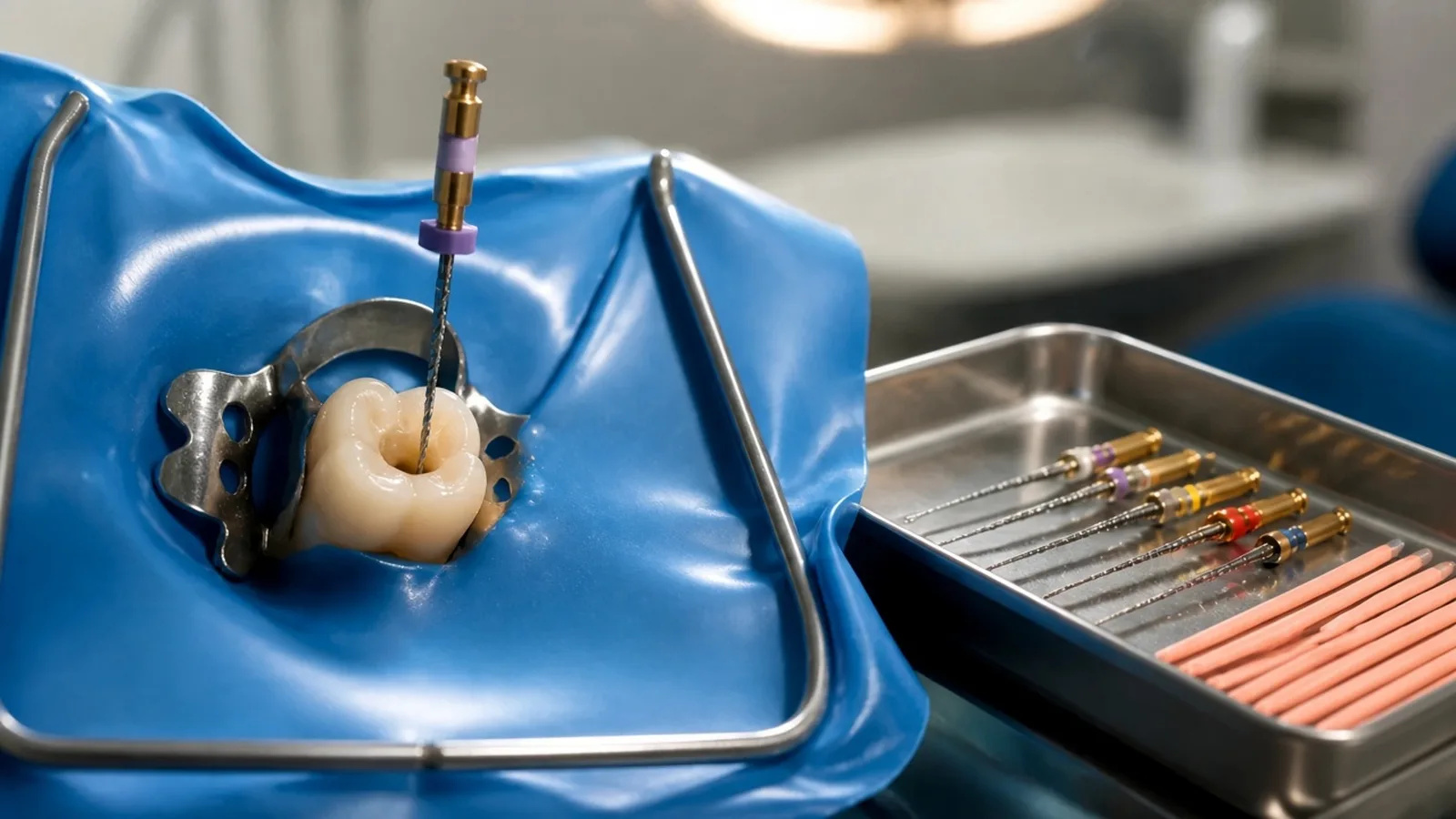 A tooth isolated with a rubber dam during root canal treatment, with endodontic files on a tray.