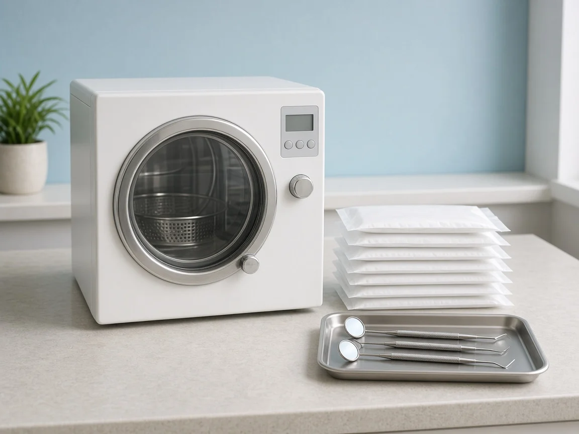 A dental autoclave beside sealed instrument pouches.