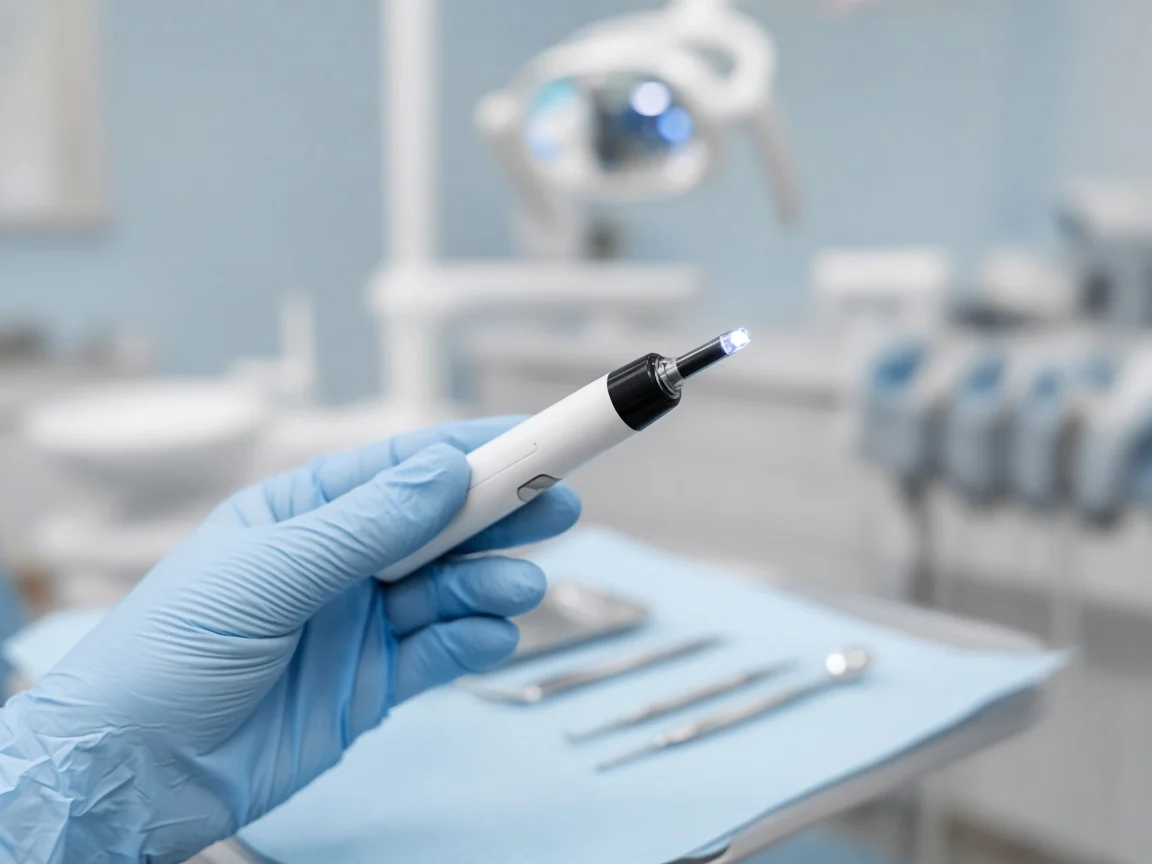 A gloved hand holding an intraoral camera in a treatment room.