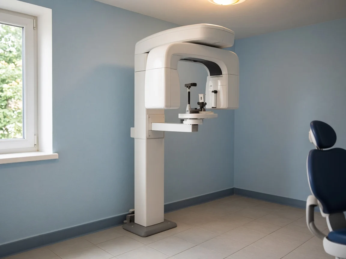 A panoramic dental X-ray unit in a small clinic room.