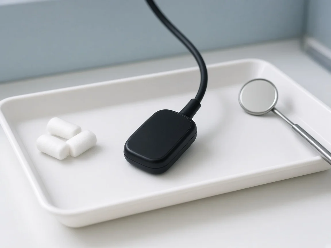 A digital intraoral X-ray sensor on an instrument tray.
